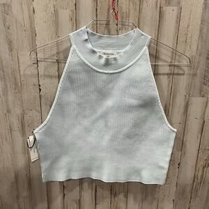New! Babaton Aritzia Sculpt Knit Mockneck Halter Top Fluid Blue Womens 2X Crop
